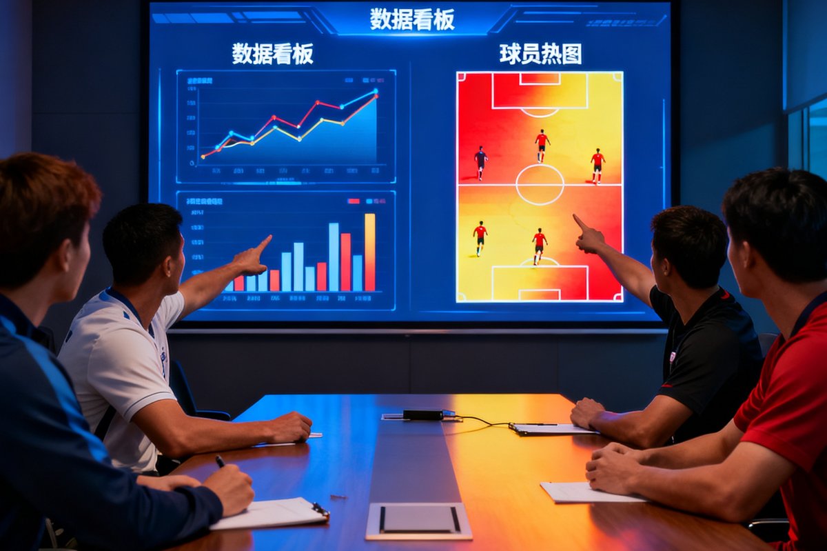 足球分析预测团队正在战术会议，投屏显示数据看板与球员热图